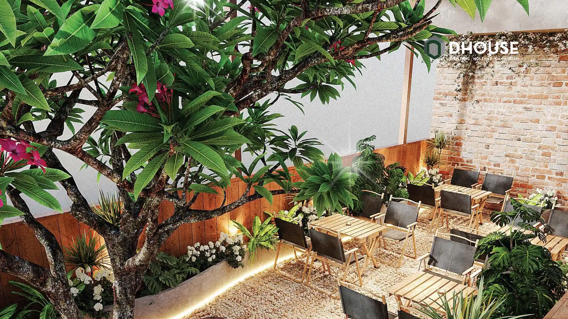 Phối cảnh thiết kế cafe sân thượng với cây xanh và bàn ghế