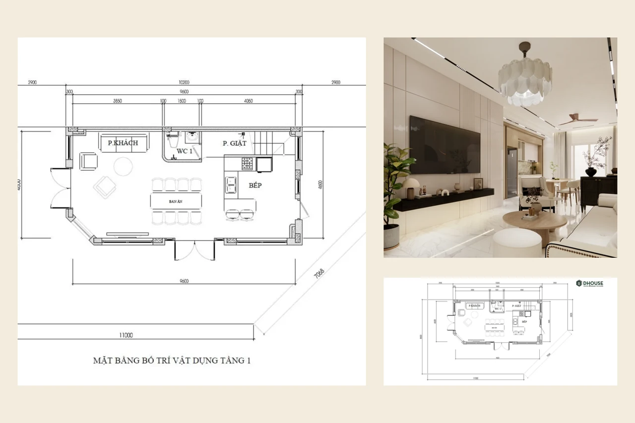 Bảng minh họa đầu ra thiết kế: mặt bằng bố trí và phối cảnh định hướng không gian