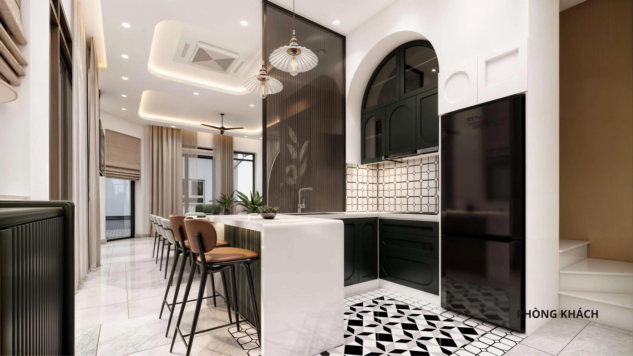 Phối cảnh bếp với tủ xanh, vòm tủ trên và mặt bàn sáng màu
