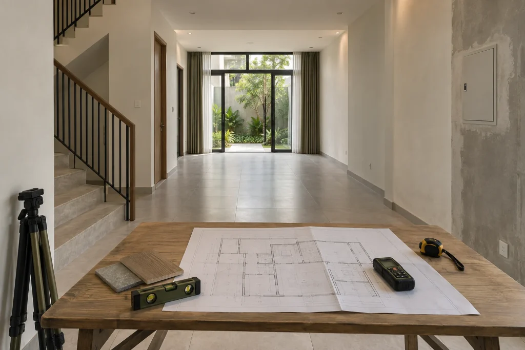 Minh họa chuẩn bị khảo sát nội thất với bản vẽ và dụng cụ đo