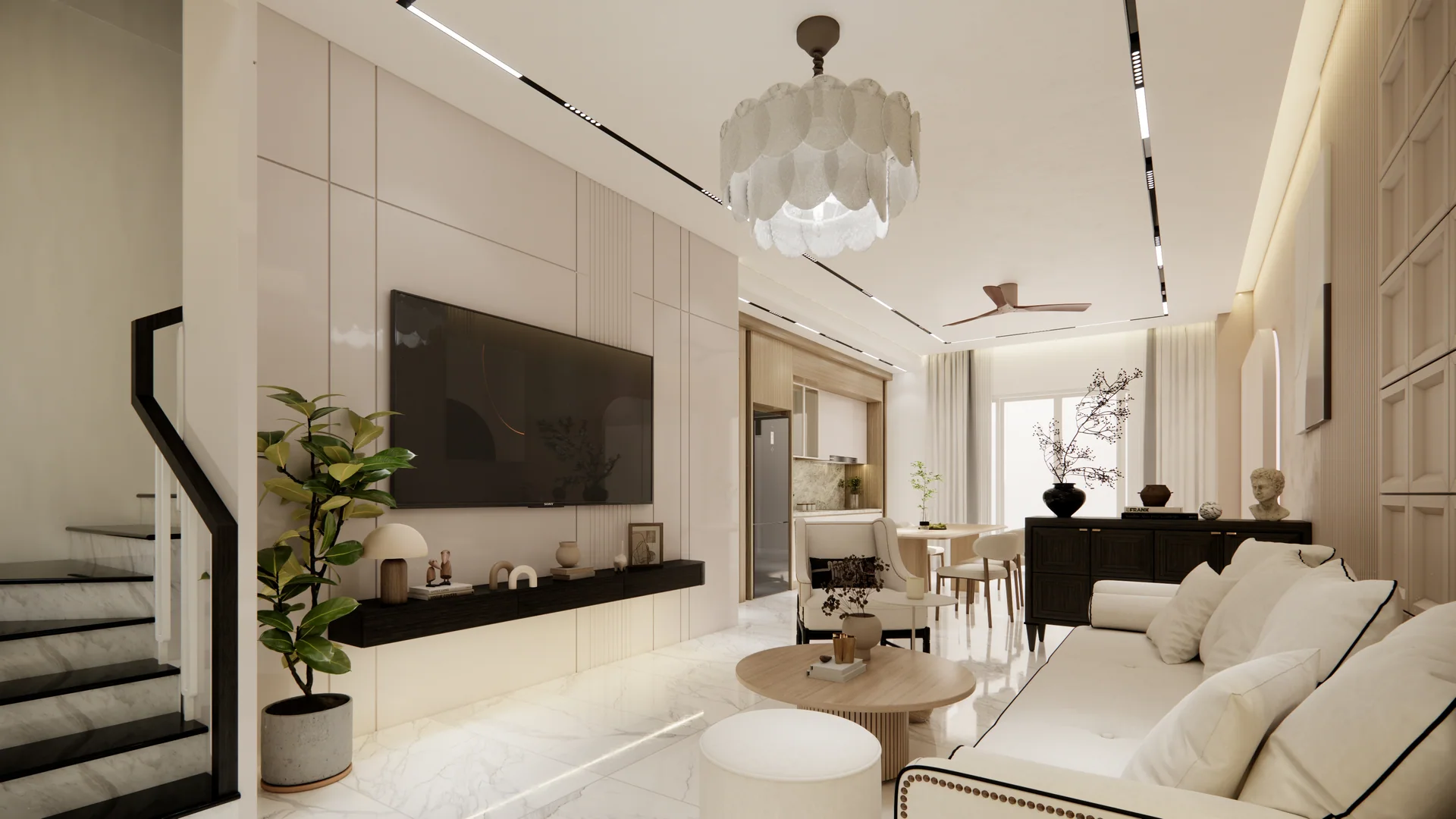 Phối cảnh nhà phố D.HOUSE: phòng khách liên thông khu ăn và cầu thang, tông kem và gỗ