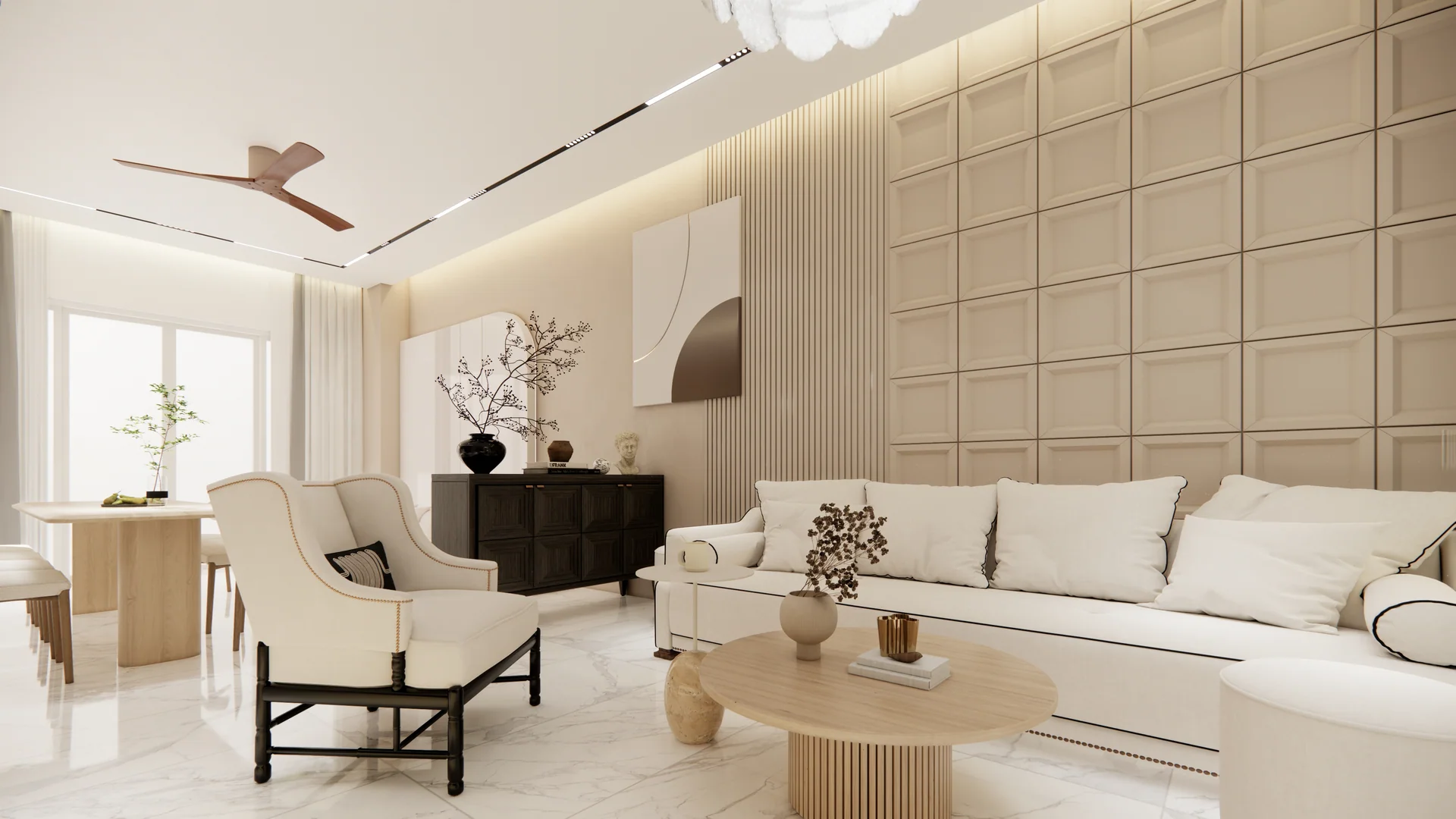 Phối cảnh phòng khách tông kem của D.HOUSE dùng tham khảo không gian; không phải công trình tại Aqua City