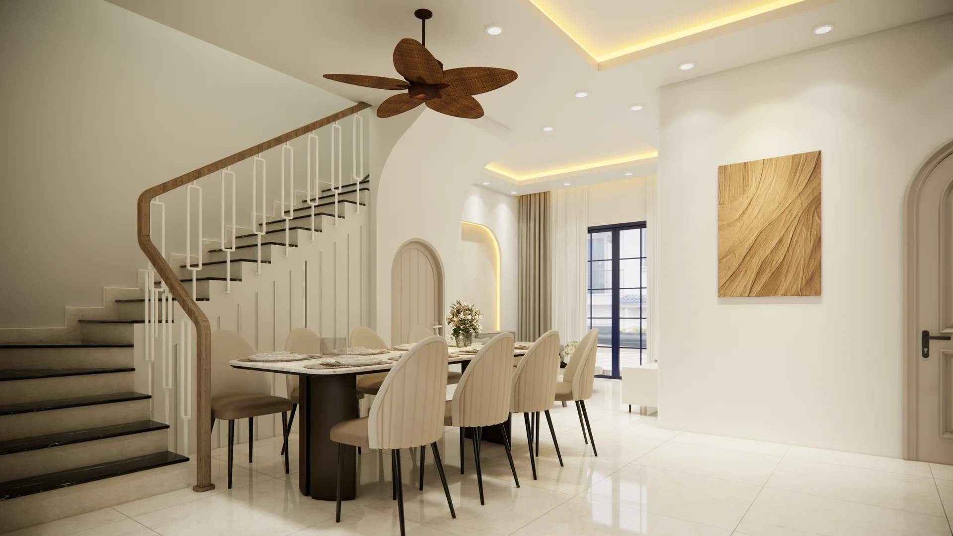 Phối cảnh thiết kế khu ăn với bàn dài, ghế bọc màu kem, cầu thang tay vịn gỗ và cửa vòm