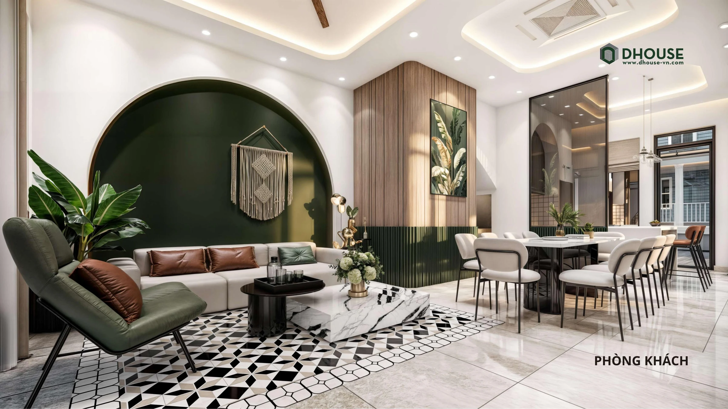 Phối cảnh phòng khách D.HOUSE với vòm xanh và sofa sáng màu