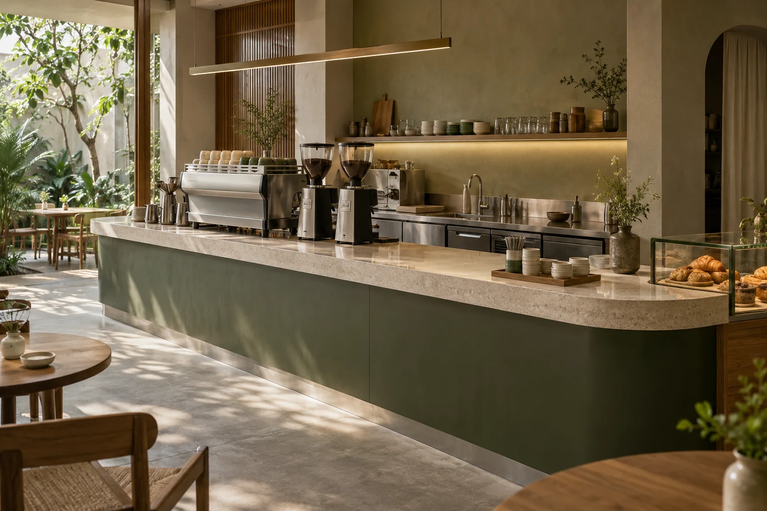 Minh họa quầy bar quán cà phê với khu pha chế và mặt quầy tiếp khách