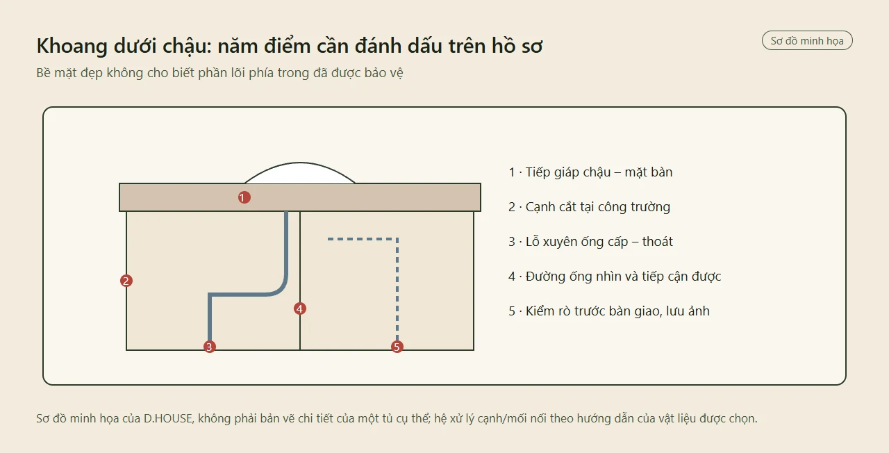 Sơ đồ mặt đứng tủ chậu với năm điểm đánh số: tiếp giáp chậu và mặt bàn, cạnh cắt tại công trường, lỗ xuyên ống, đường ống tiếp cận được và điểm kiểm rò trước bàn giao
